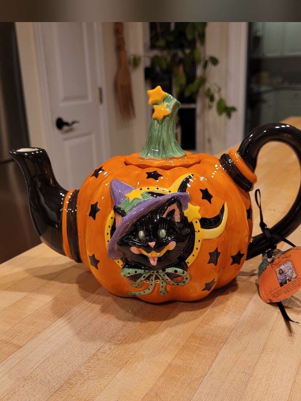 Blue Sky Clayworks Halloween Pumpkin Cat Teapot - Orange & Black